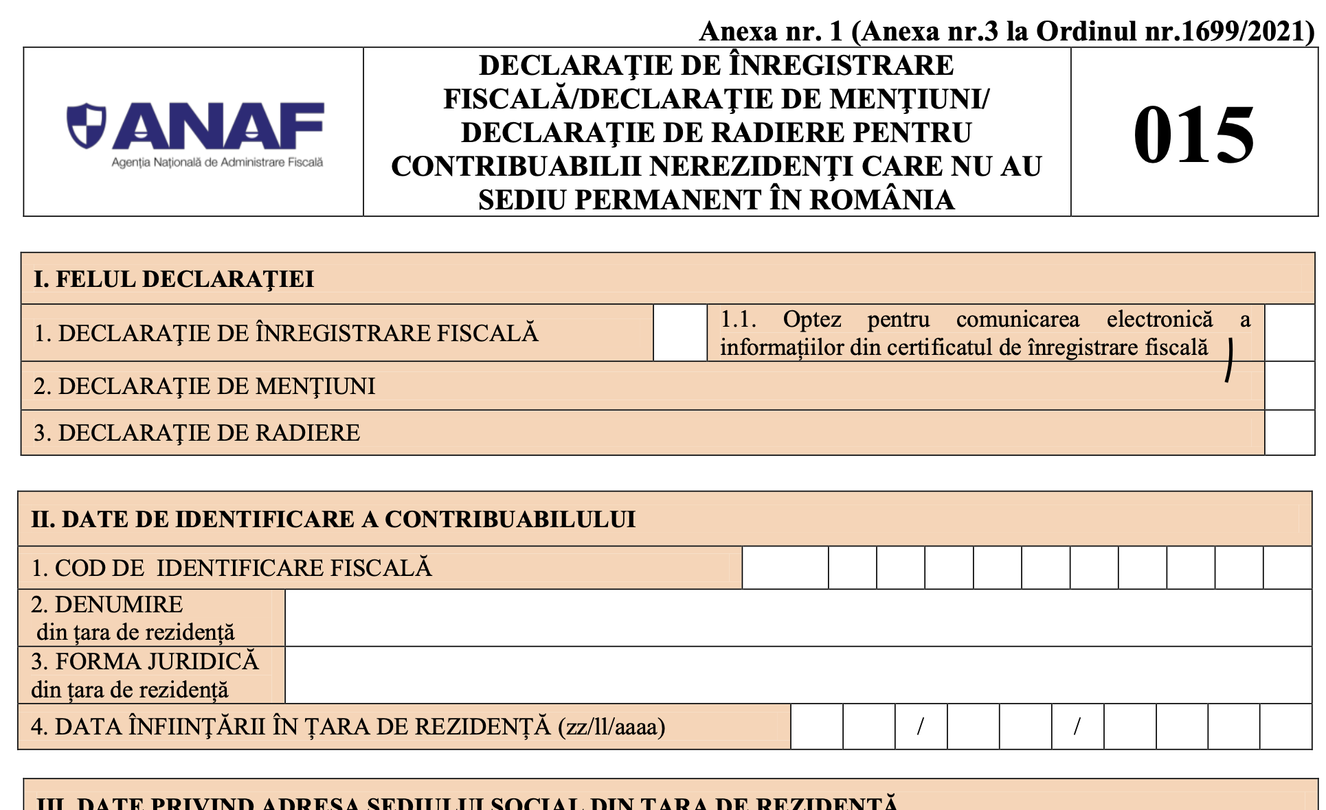 ANAF modifica formularele de inregistrare fiscala a contribuabililor (015, 030, 700) si tipurile de obligatii care formeaza vectorul fiscal