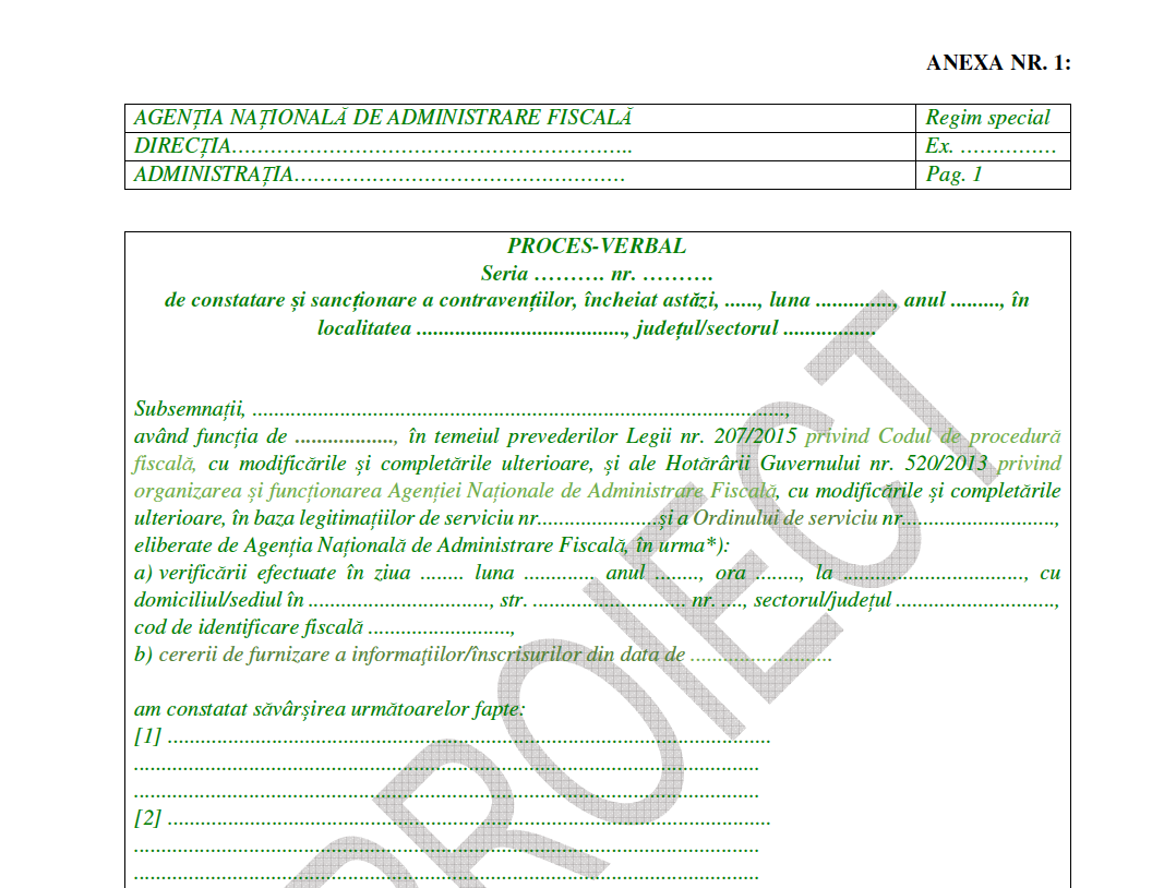 Proiect: ANAF propune un nou model pentru formularul Proces verbal de constatare si sanctionare a contraventiilor