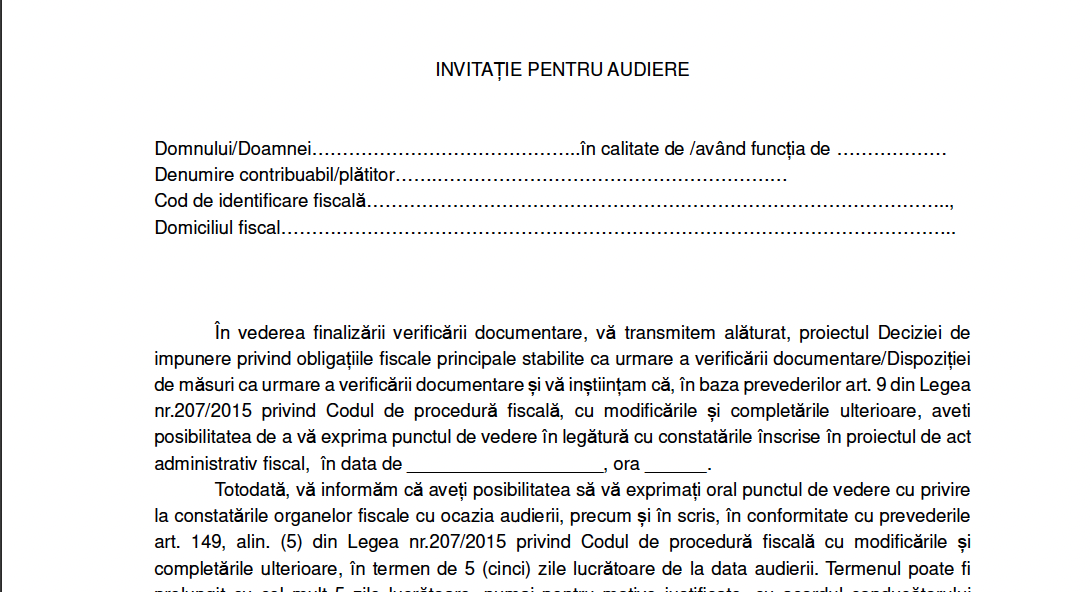 ANAF propune modificarea formularului ''Invitatie'' utilizat in activitatea de verificare documentara